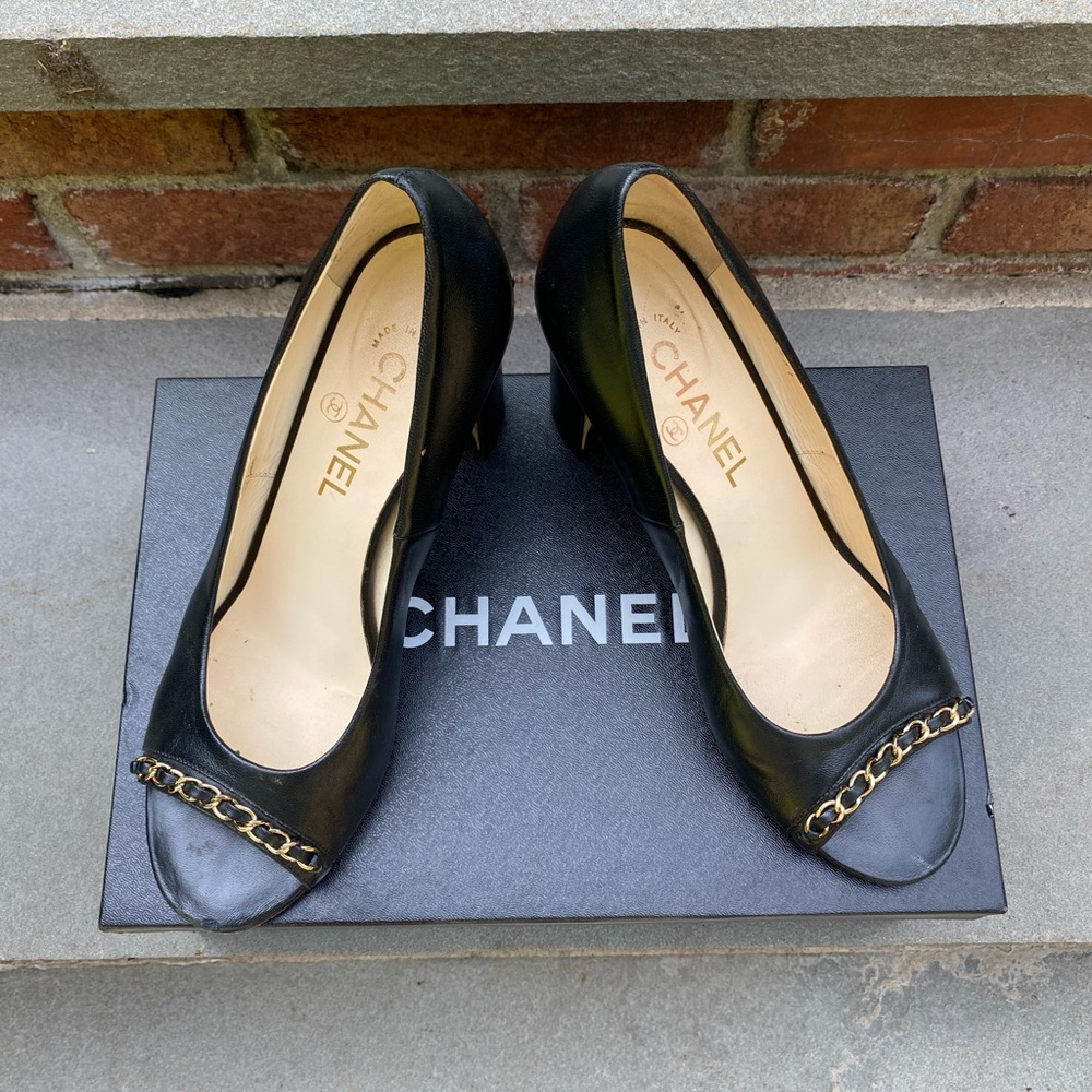 Chanel Peep Toe Block Heel Pump